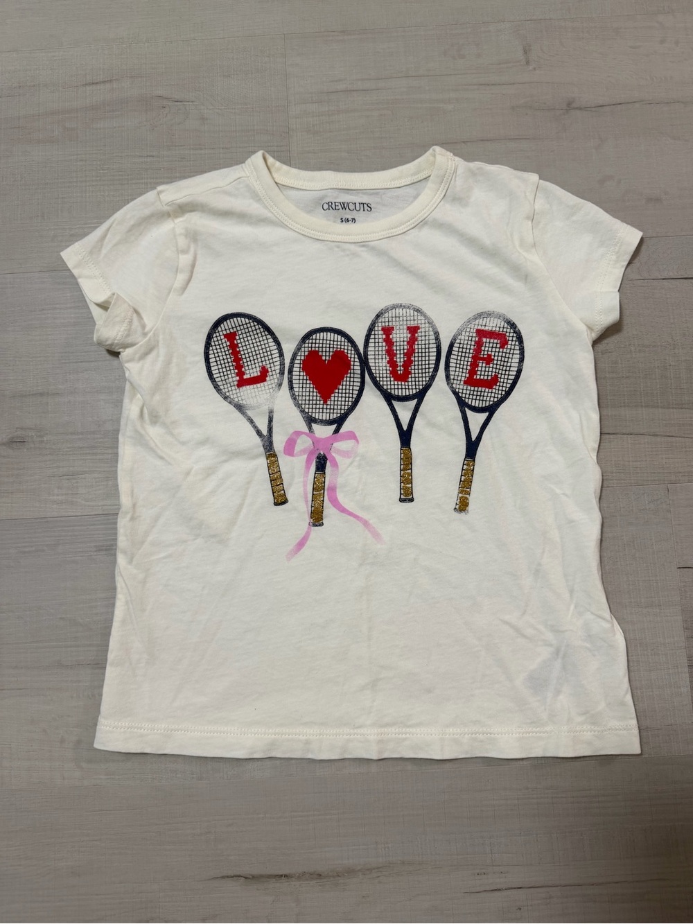 Crewcuts Girls Cream Tennis Racket LOVE Graphic Tee Shirt Size S 6/7